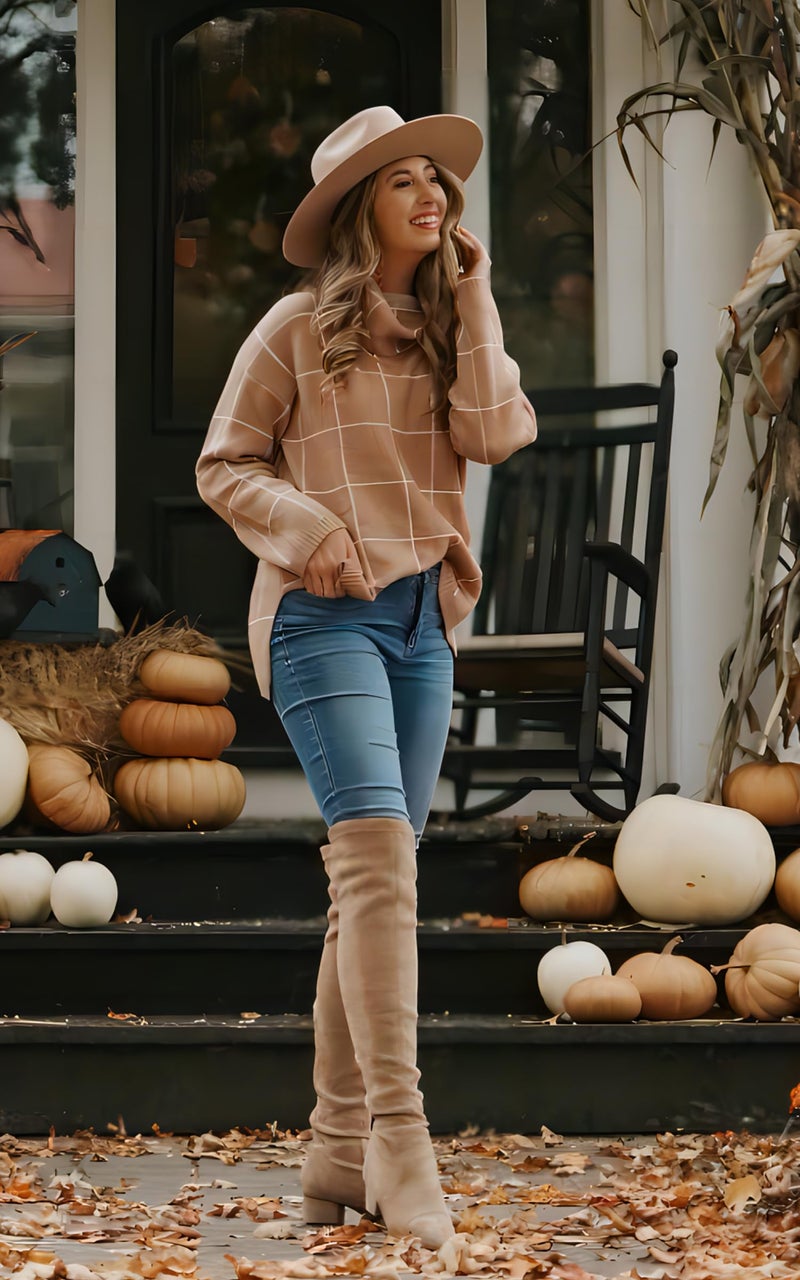 ECOWISH Women Fall Pullover Sweater Turtleneck Plaid Long Sleeve Loose Casual Chunky Checked Knit Winter Sweaters Jumper Tops 014khaki S - Image 4